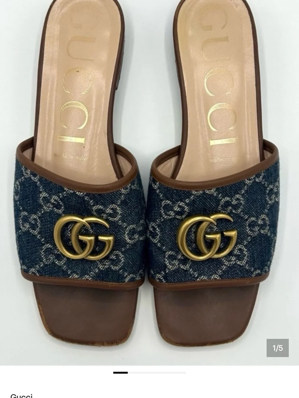 Gucci Denim GG Slide with Gold Double G and Brown Trim - Picture 2 of 2